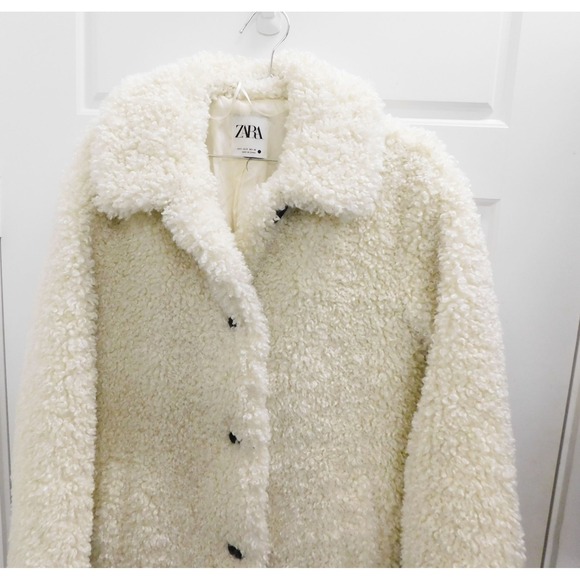 Zara White Sherpa Fleece Button Down‎ Long Coat sz S - Picture 2 of 4